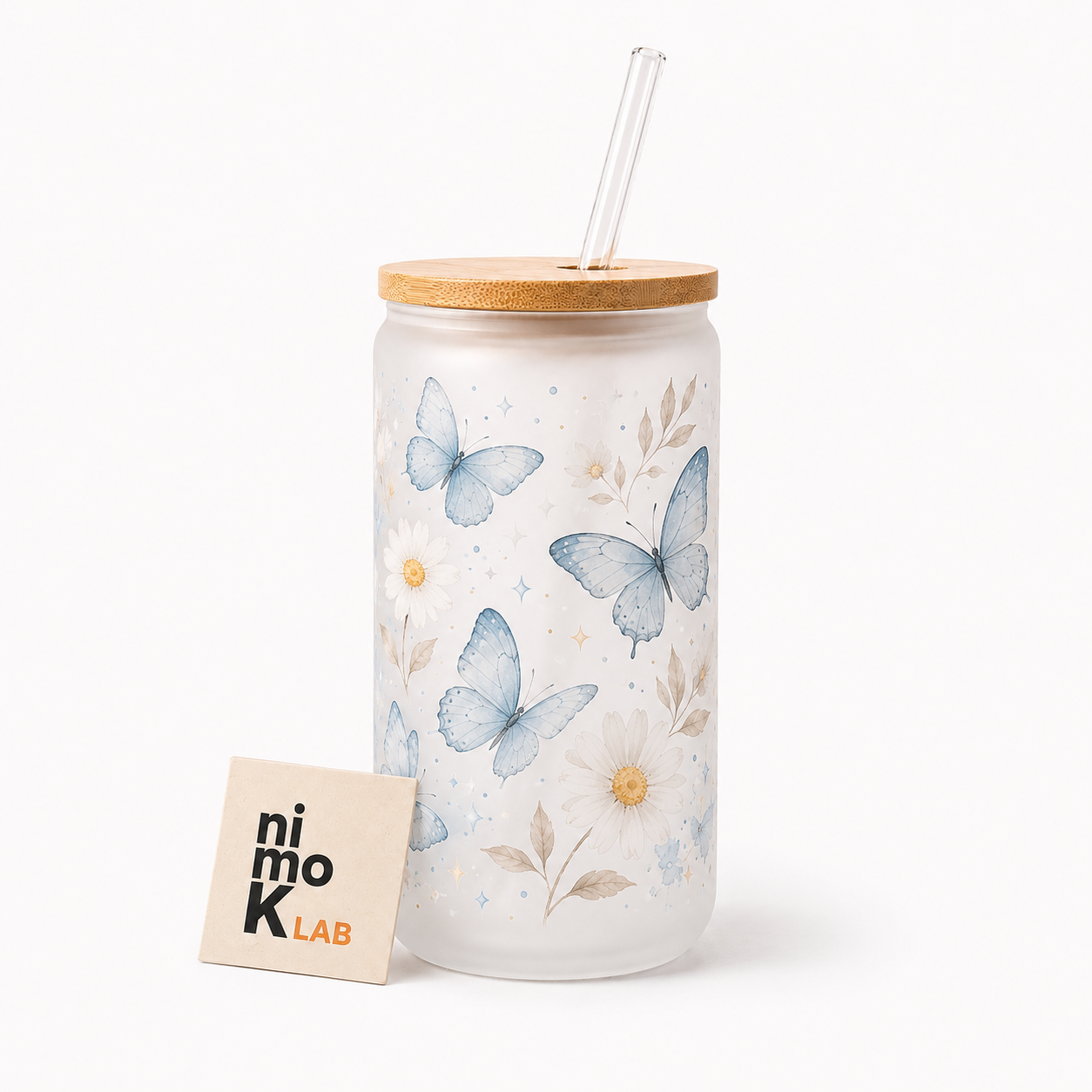 Custom 20 oz Frosted Glass Tumbler w/ bamboo lid & straw