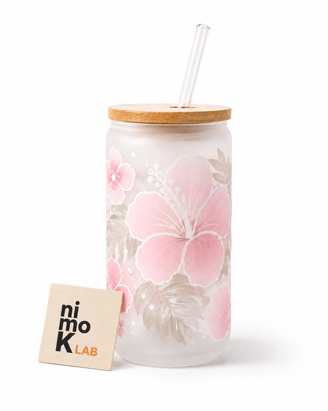 Custom 20 oz Frosted Glass Tumbler w/ bamboo lid & straw
