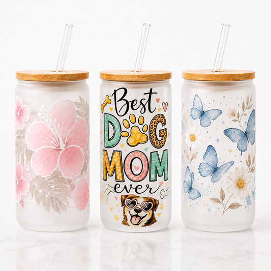 Custom 20 oz Frosted Glass Tumbler w/ bamboo lid & straw